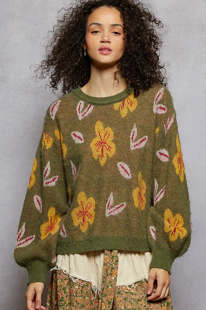 Earthy Floral Pattern Round Neck Balloon Sleeve Sweater - KAM Family Botanics