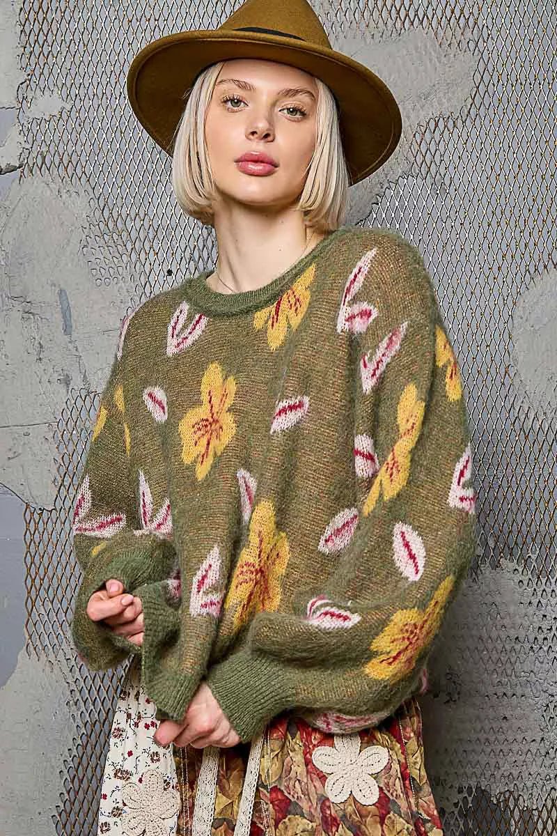 Earthy Floral Pattern Round Neck Balloon Sleeve Sweater - KAM Family Botanics