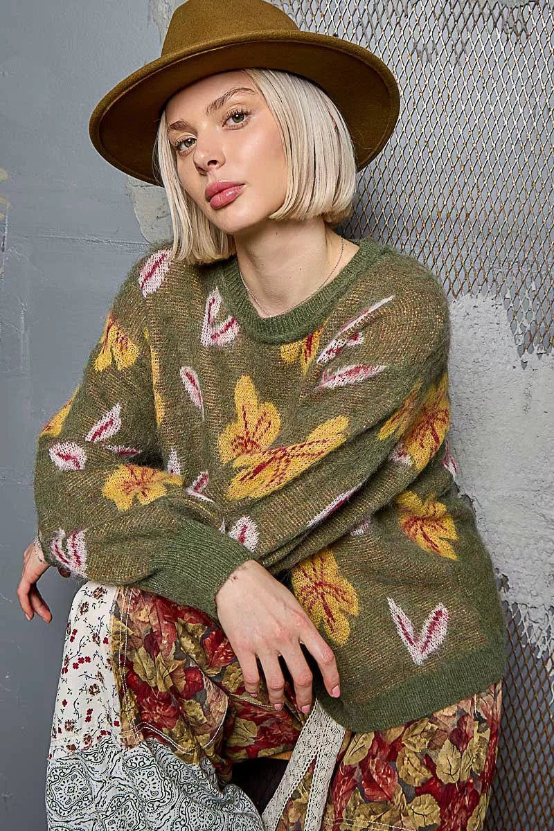 Earthy Floral Pattern Round Neck Balloon Sleeve Sweater - KAM Family Botanics