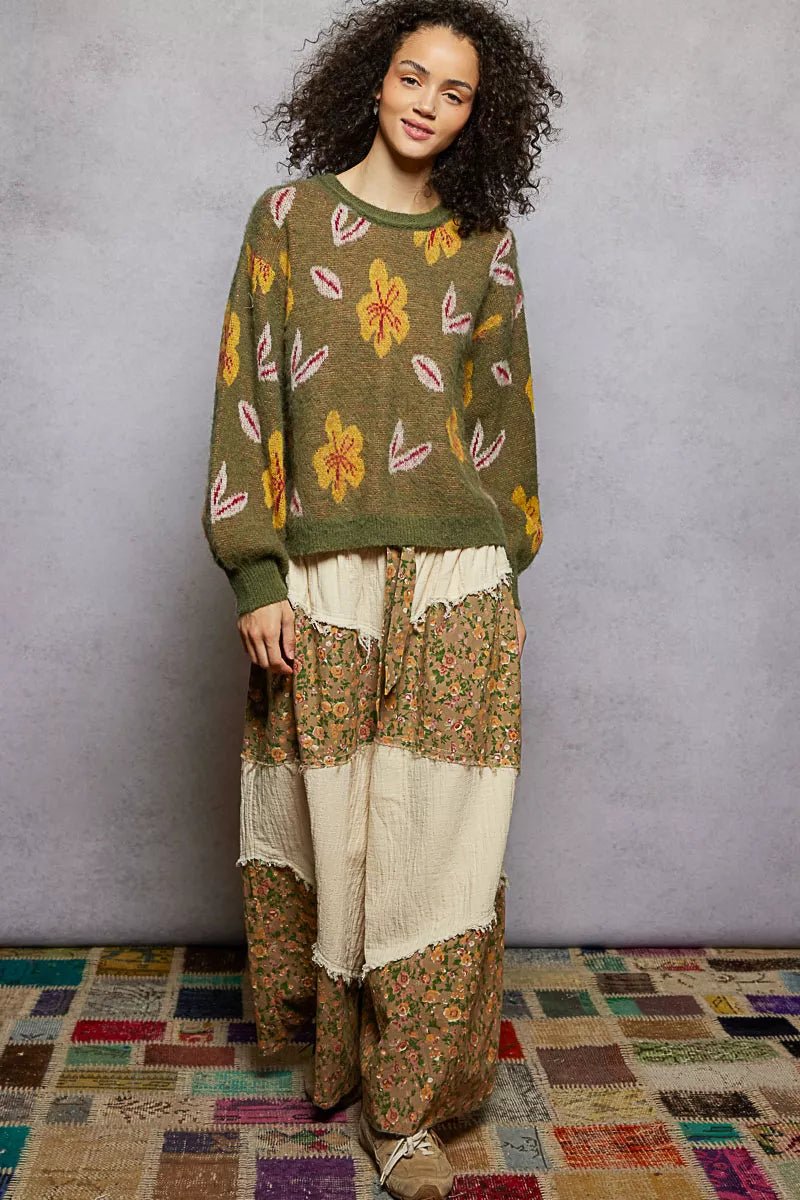 Earthy Floral Pattern Round Neck Balloon Sleeve Sweater - KAM Family Botanics