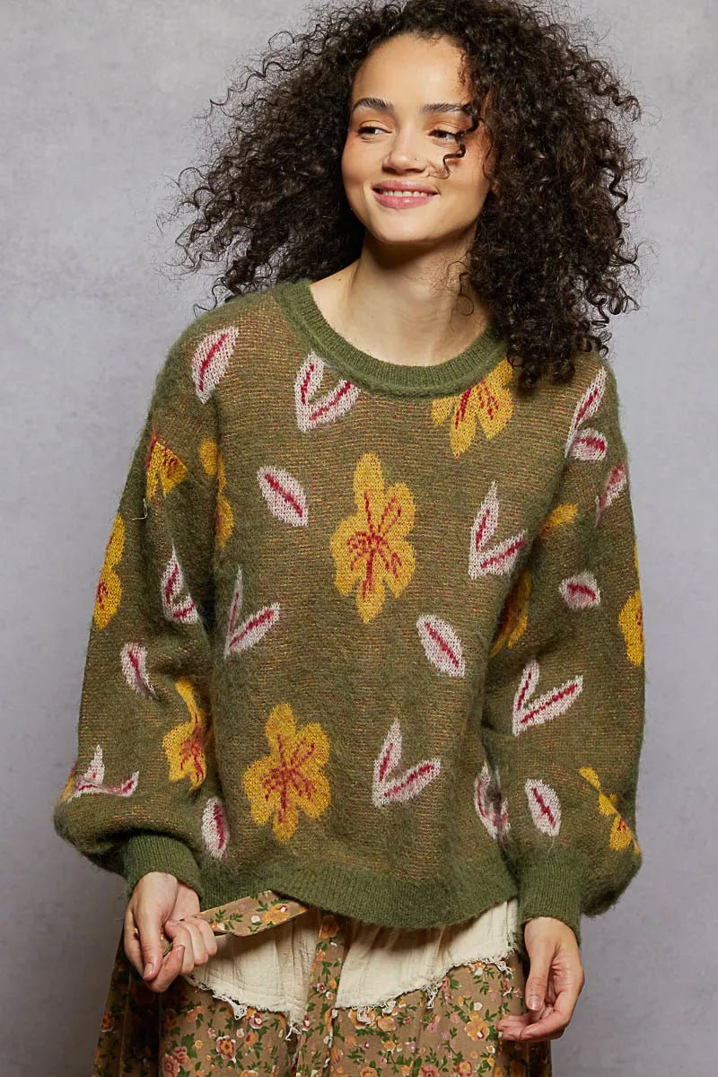 Earthy Floral Pattern Round Neck Balloon Sleeve Sweater - KAM Family Botanics