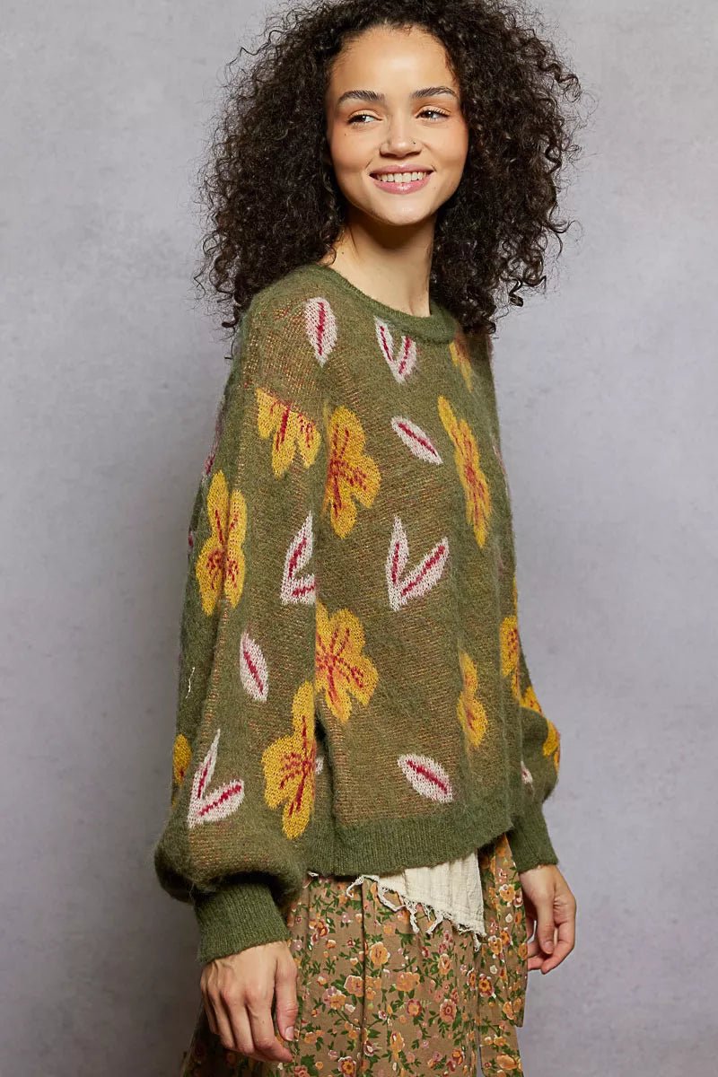 Earthy Floral Pattern Round Neck Balloon Sleeve Sweater - KAM Family Botanics