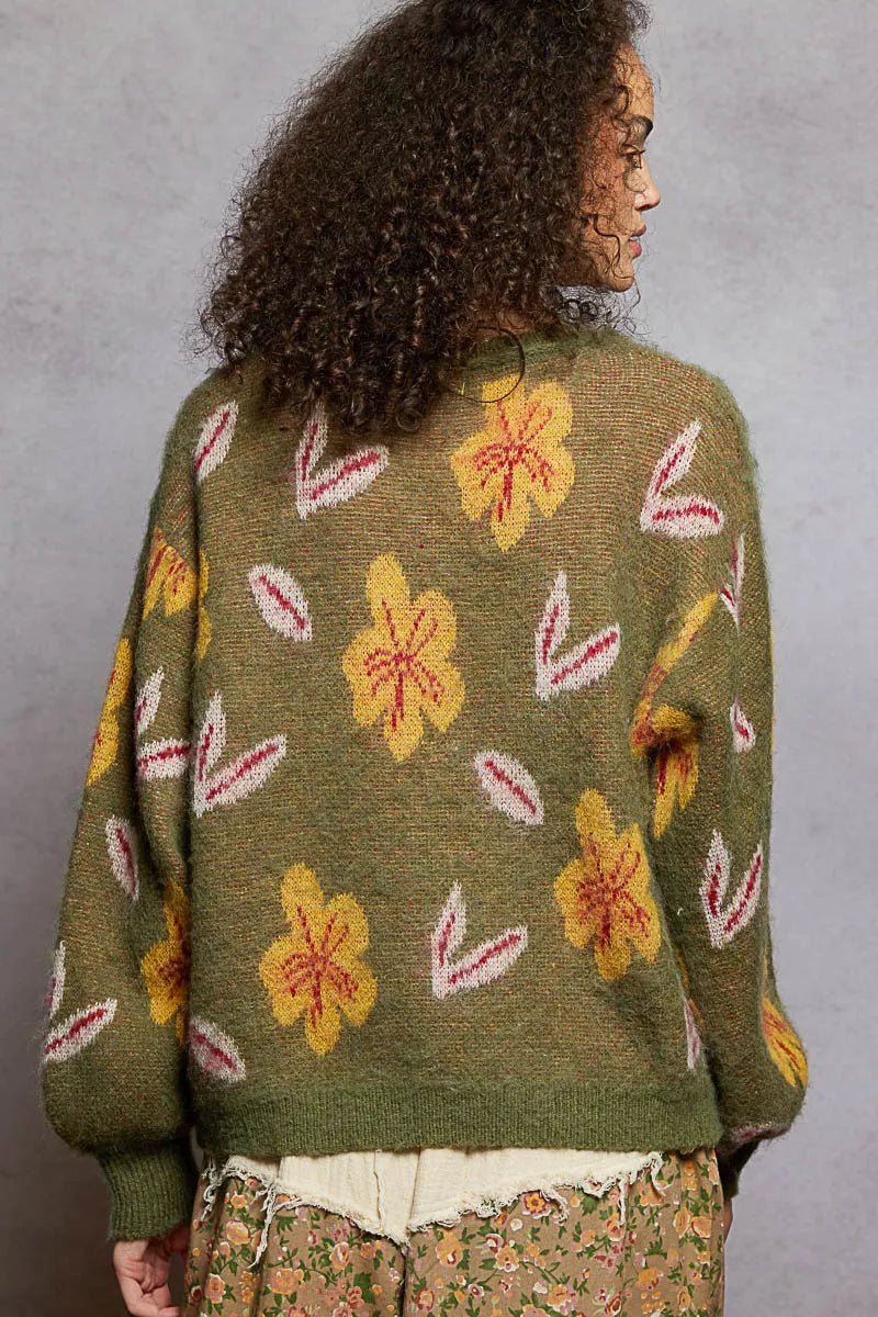 Earthy Floral Pattern Round Neck Balloon Sleeve Sweater - KAM Family Botanics