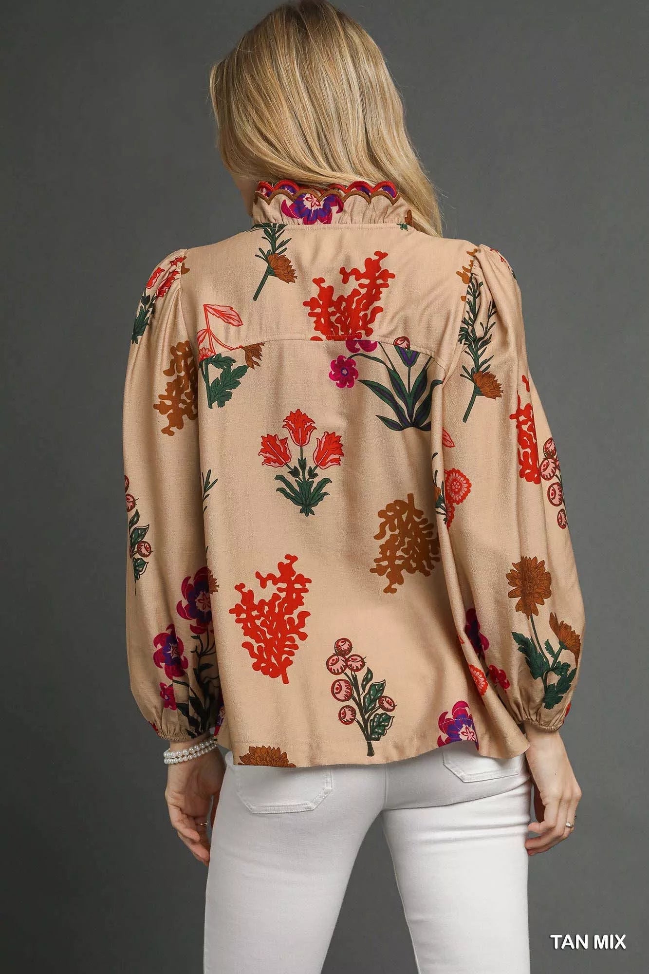 Floral Blouse with Scalloped Neckline - KAM Family Botanics