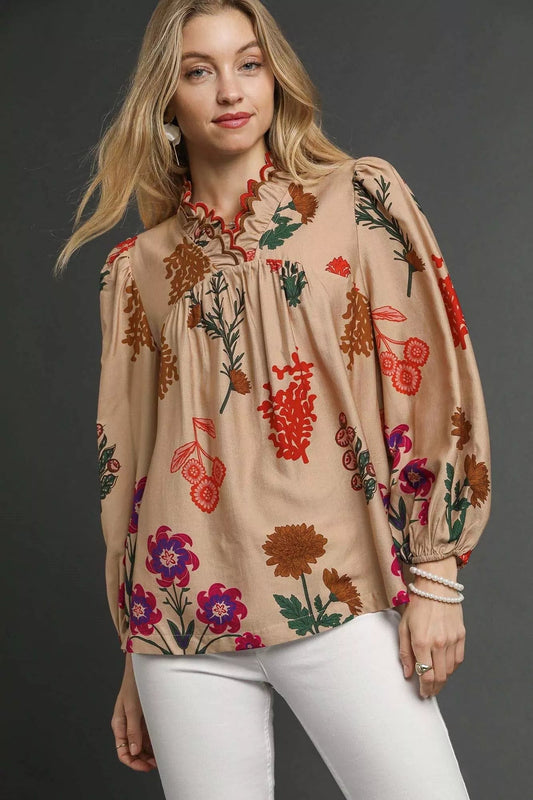 Floral Blouse with Scalloped Neckline - KAM Family Botanics