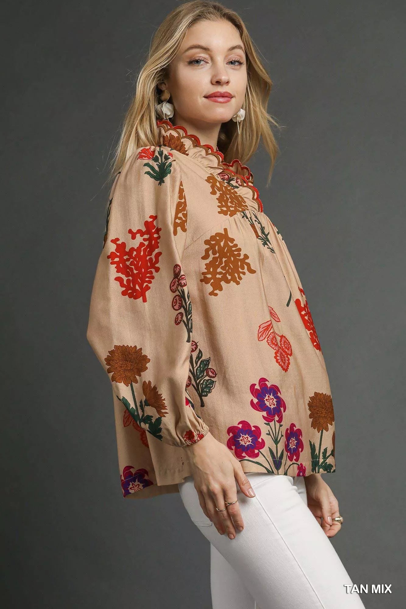 Floral Blouse with Scalloped Neckline - KAM Family Botanics