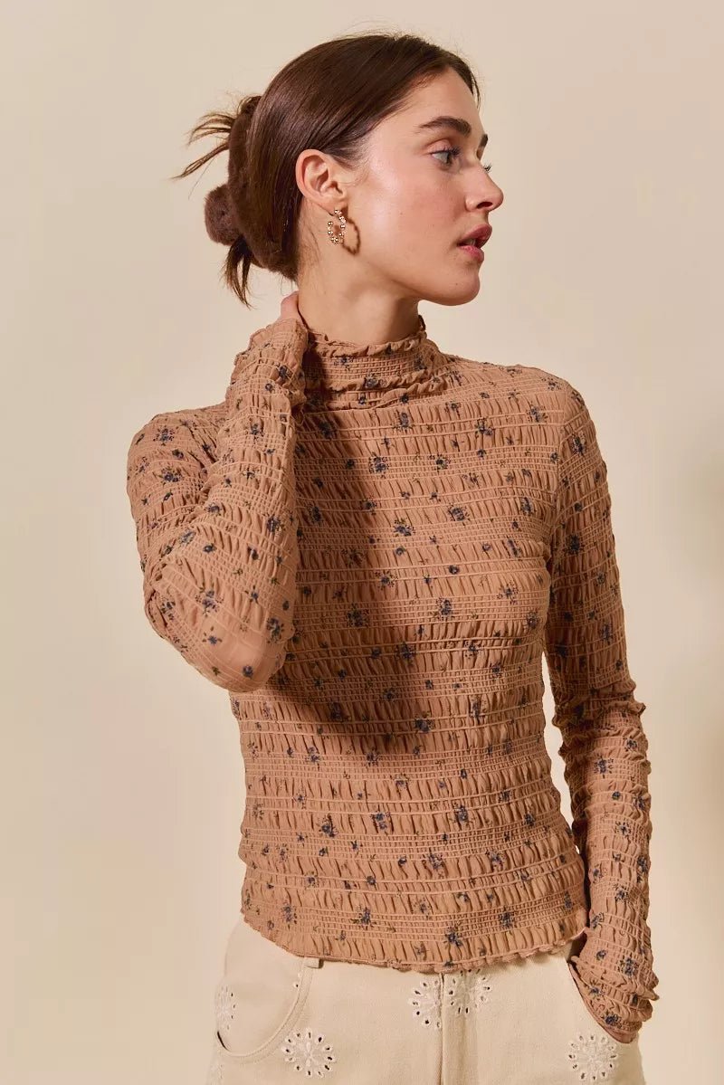 Floral Print Textured Long Sleeve Knit Top - KAM Family Botanics