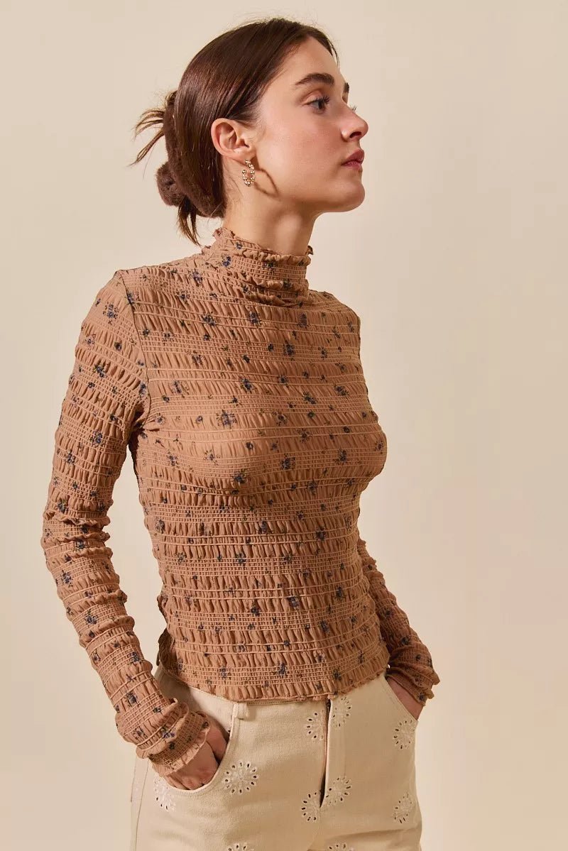 Floral Print Textured Long Sleeve Knit Top - KAM Family Botanics