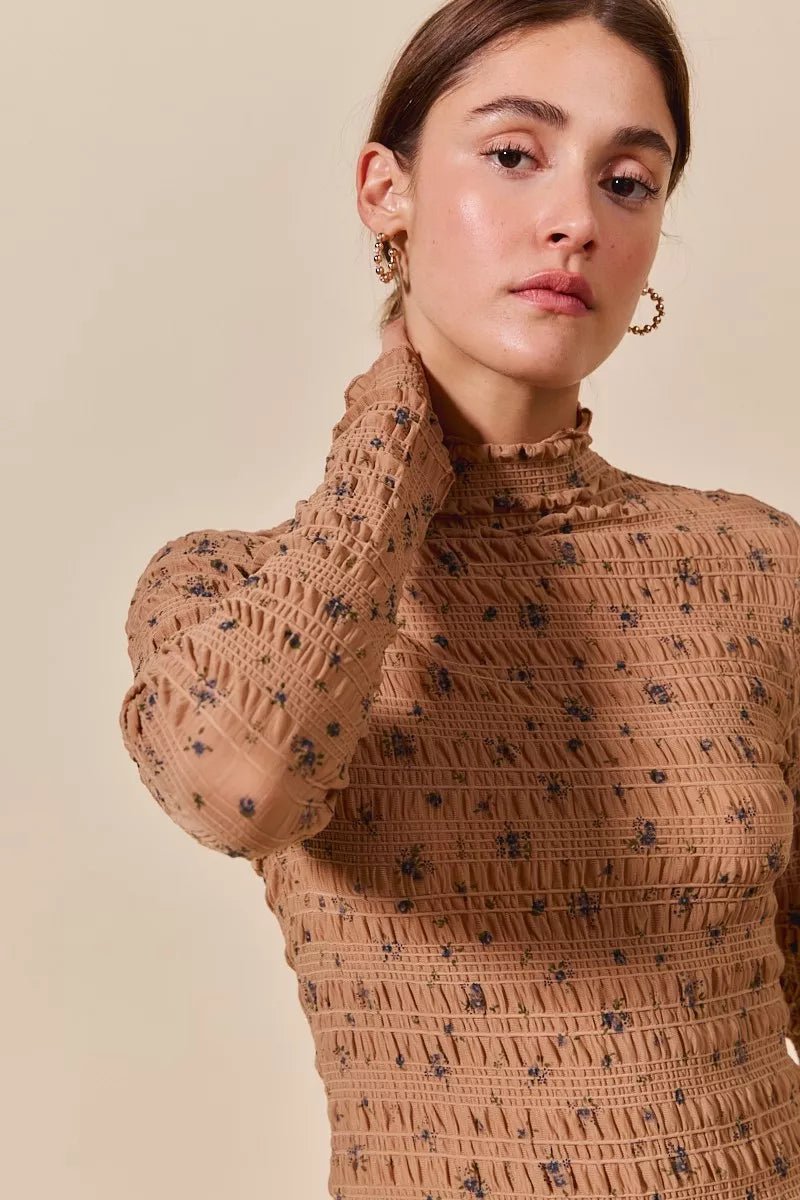 Floral Print Textured Long Sleeve Knit Top - KAM Family Botanics