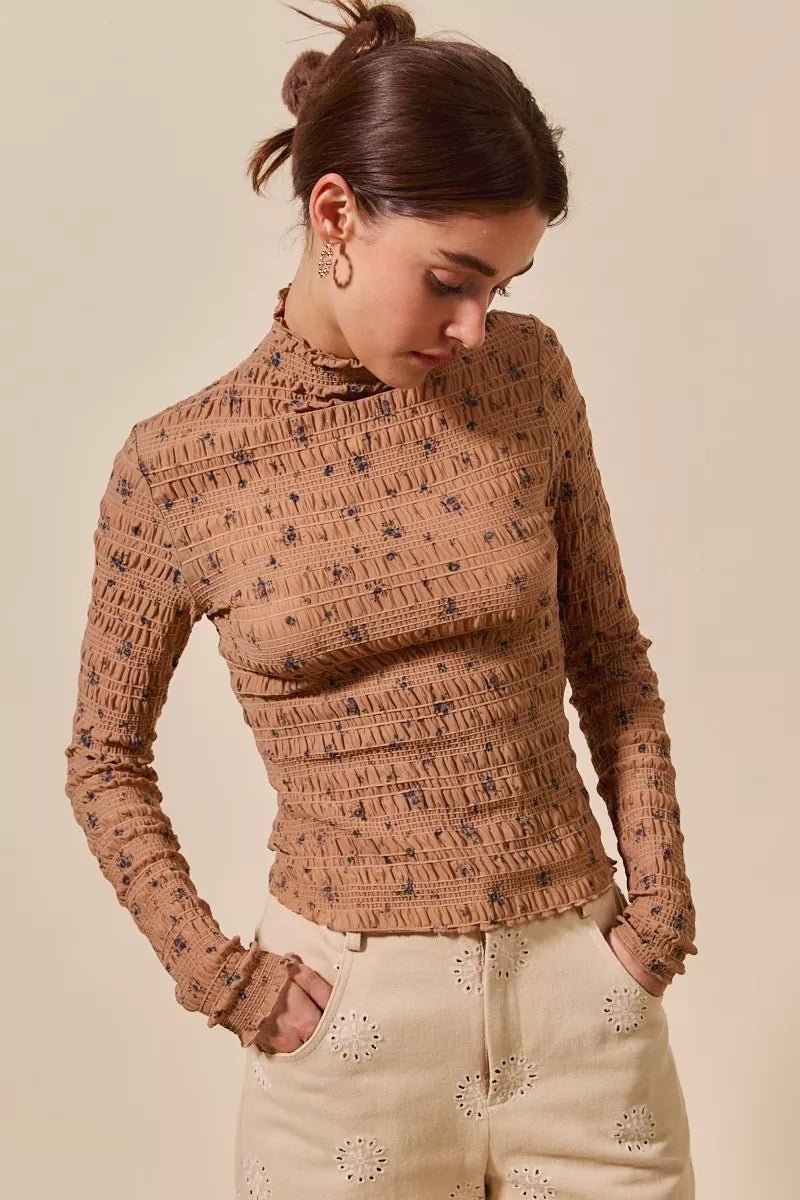 Floral Print Textured Long Sleeve Knit Top - KAM Family Botanics