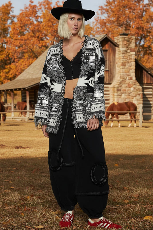 Geometric Pattern Open Cardigan with Fringe Trim - KAM Family Botanics
