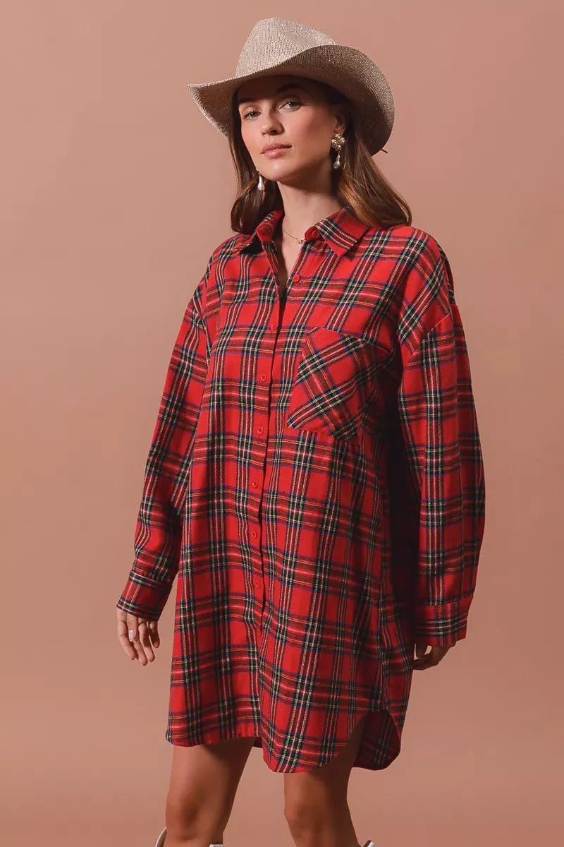 Holiday Checker Plaid Button Up Shirt Dress - KAM Family Botanics