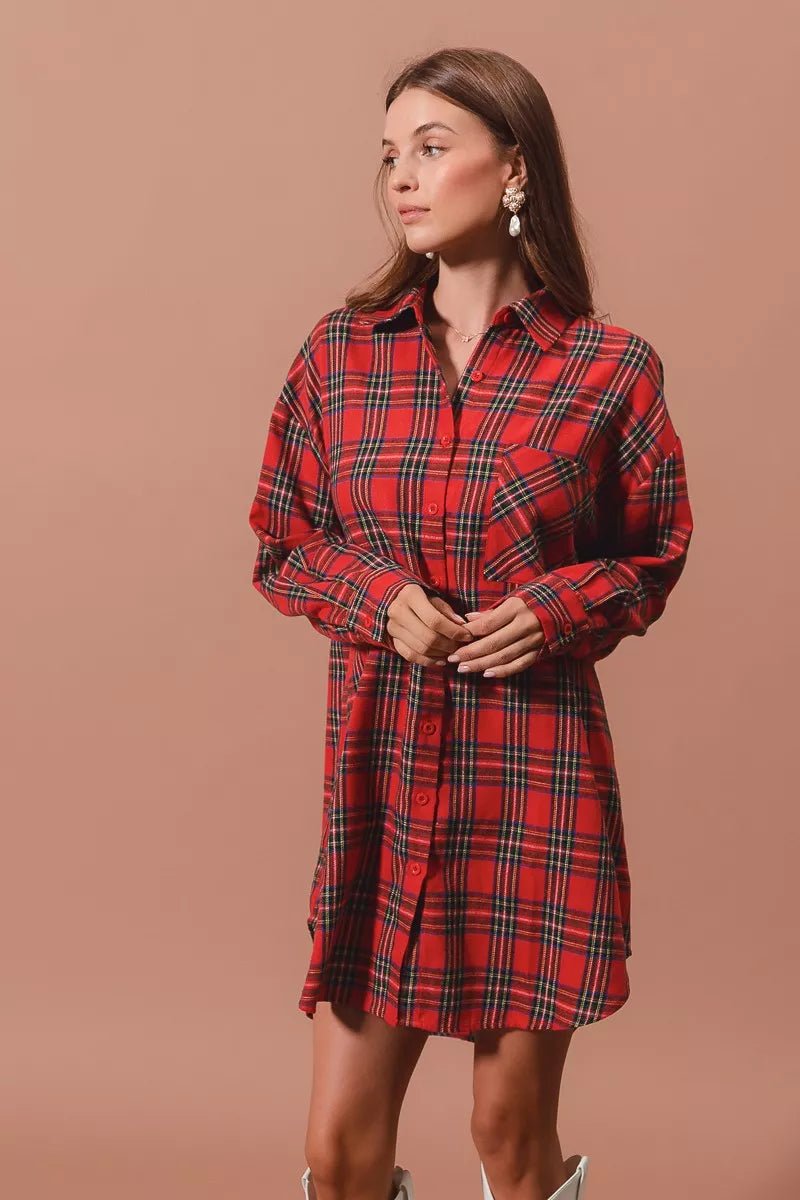 Holiday Checker Plaid Button Up Shirt Dress - KAM Family Botanics