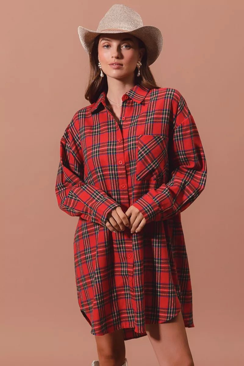 Holiday Checker Plaid Button Up Shirt Dress - KAM Family Botanics