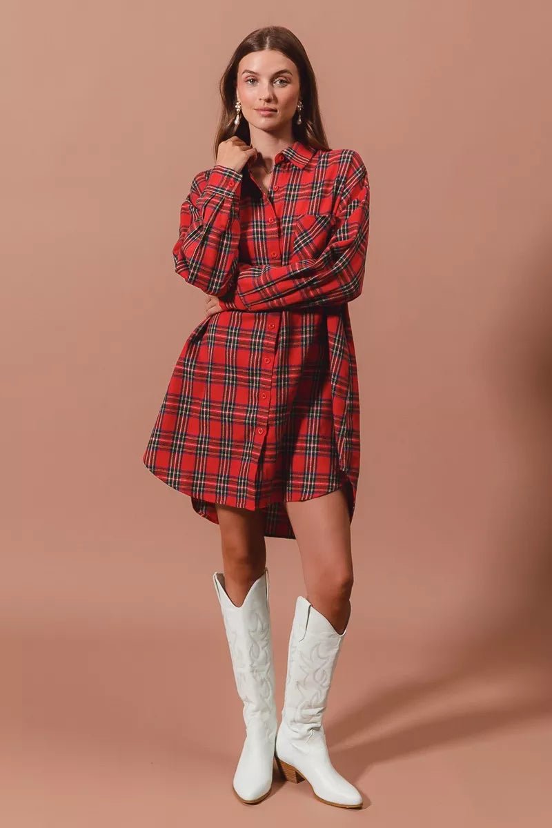 Holiday Checker Plaid Button Up Shirt Dress - KAM Family Botanics