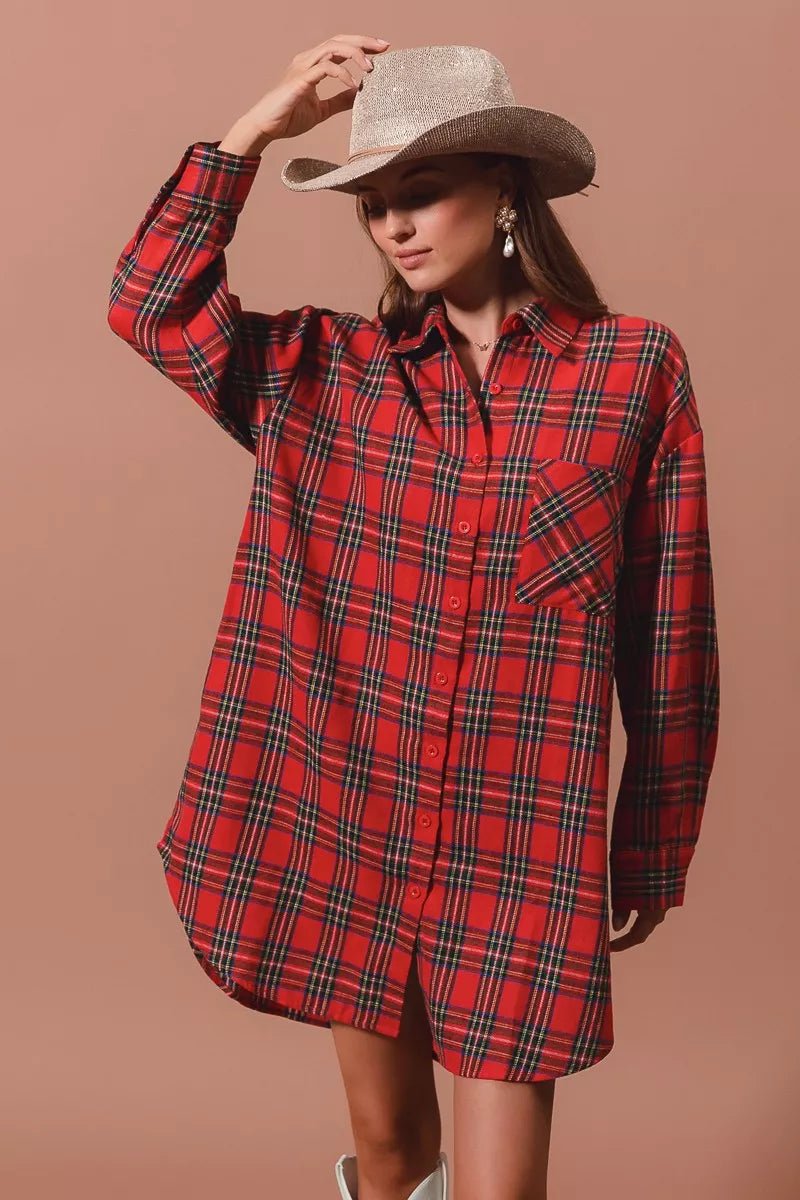 Holiday Checker Plaid Button Up Shirt Dress - KAM Family Botanics