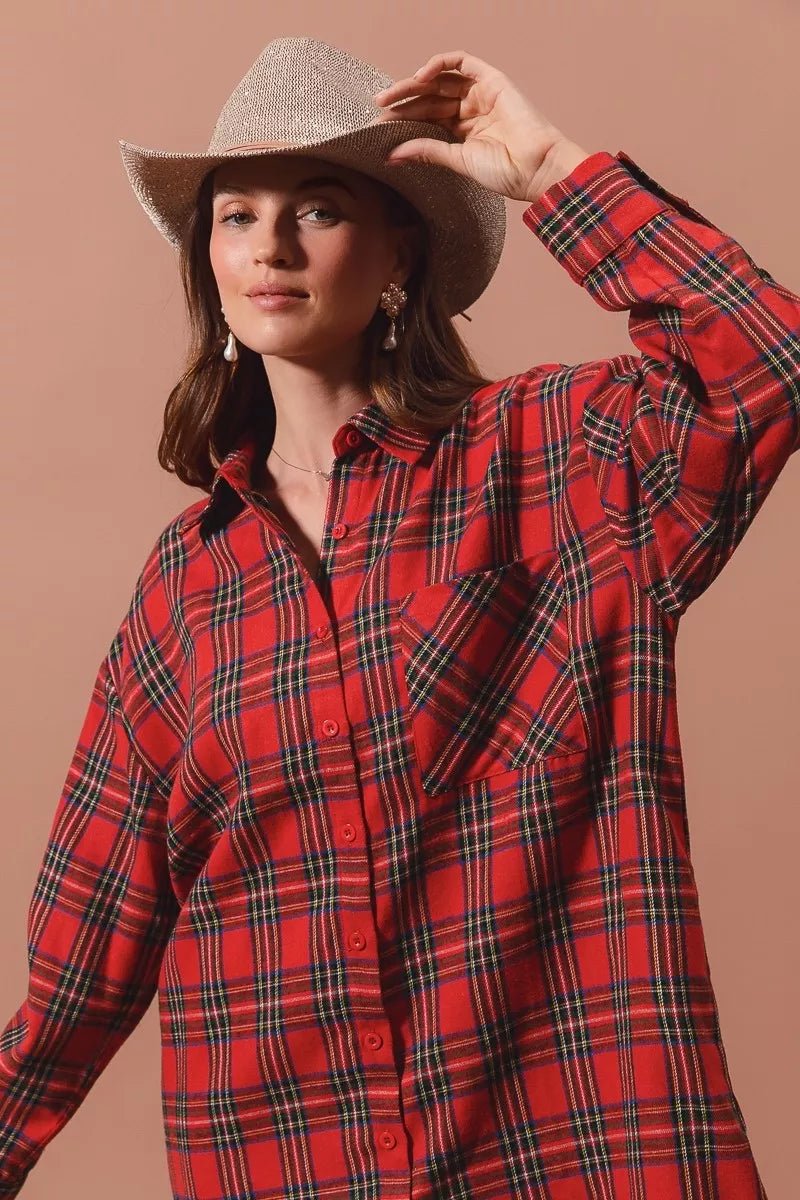 Holiday Checker Plaid Button Up Shirt Dress - KAM Family Botanics