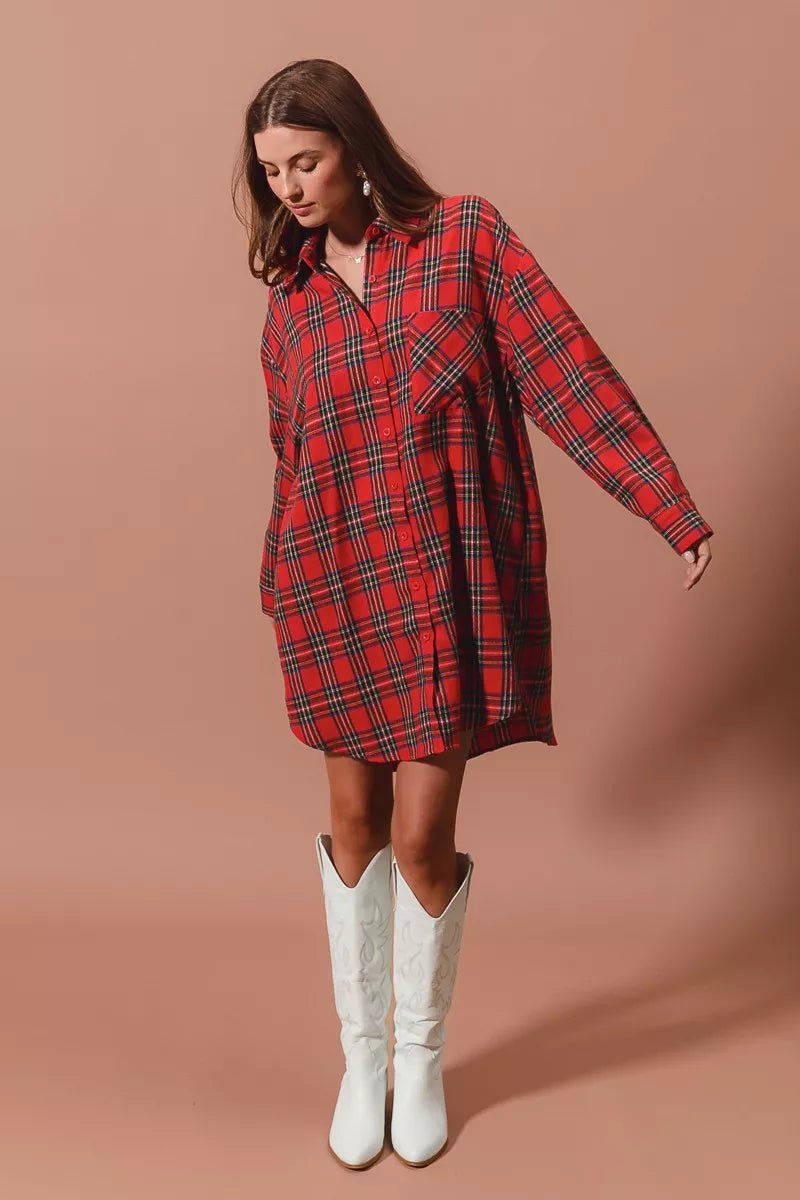 Holiday Checker Plaid Button Up Shirt Dress - KAM Family Botanics