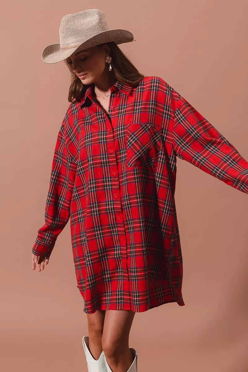 Holiday Checker Plaid Button Up Shirt Dress - KAM Family Botanics