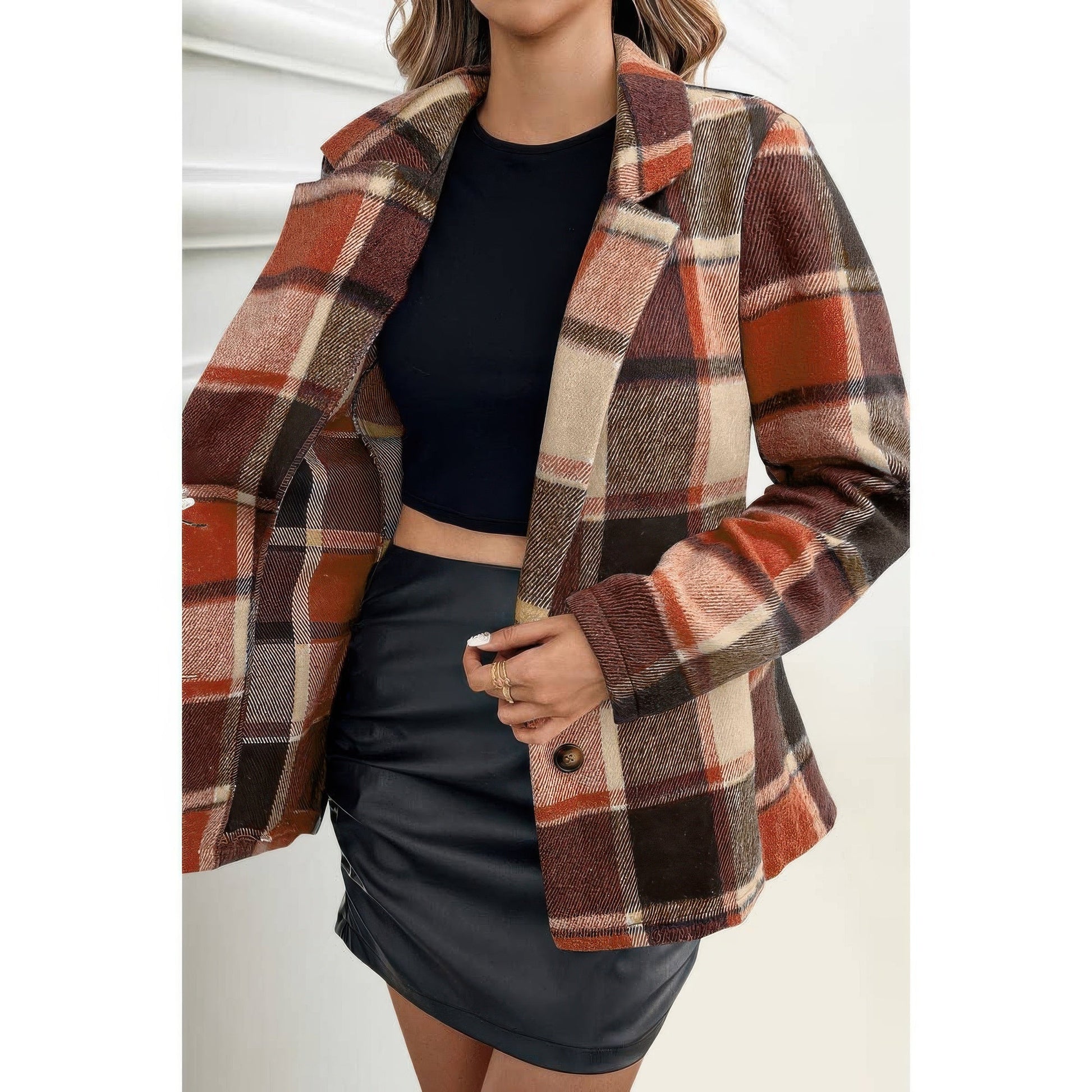 Layer It Plaid Lapel Collar Long Sleeve Button Coat - KAM Family Botanics