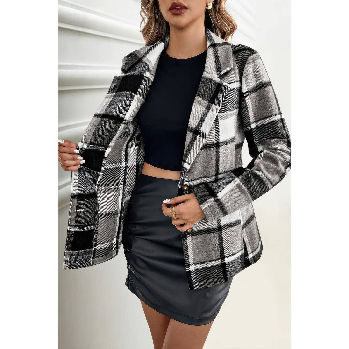 Layer It Plaid Lapel Collar Long Sleeve Button Coat - KAM Family Botanics