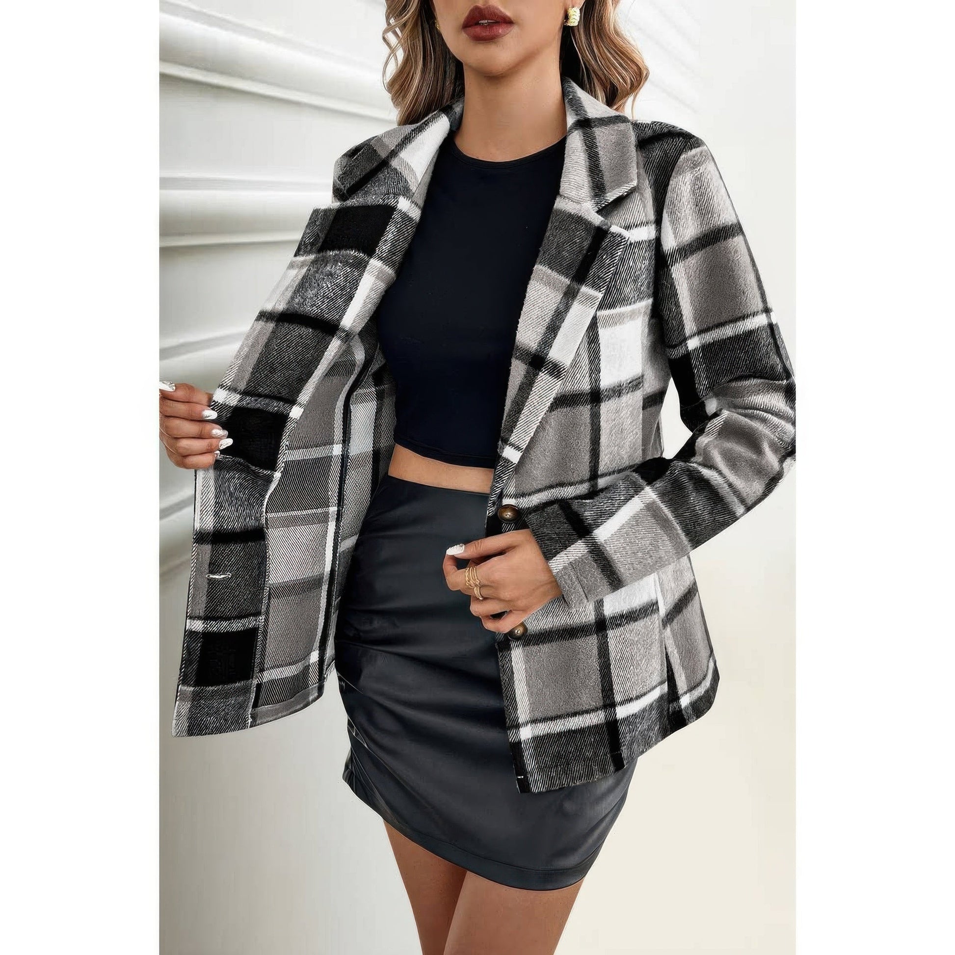 Layer It Plaid Lapel Collar Long Sleeve Button Coat - KAM Family Botanics
