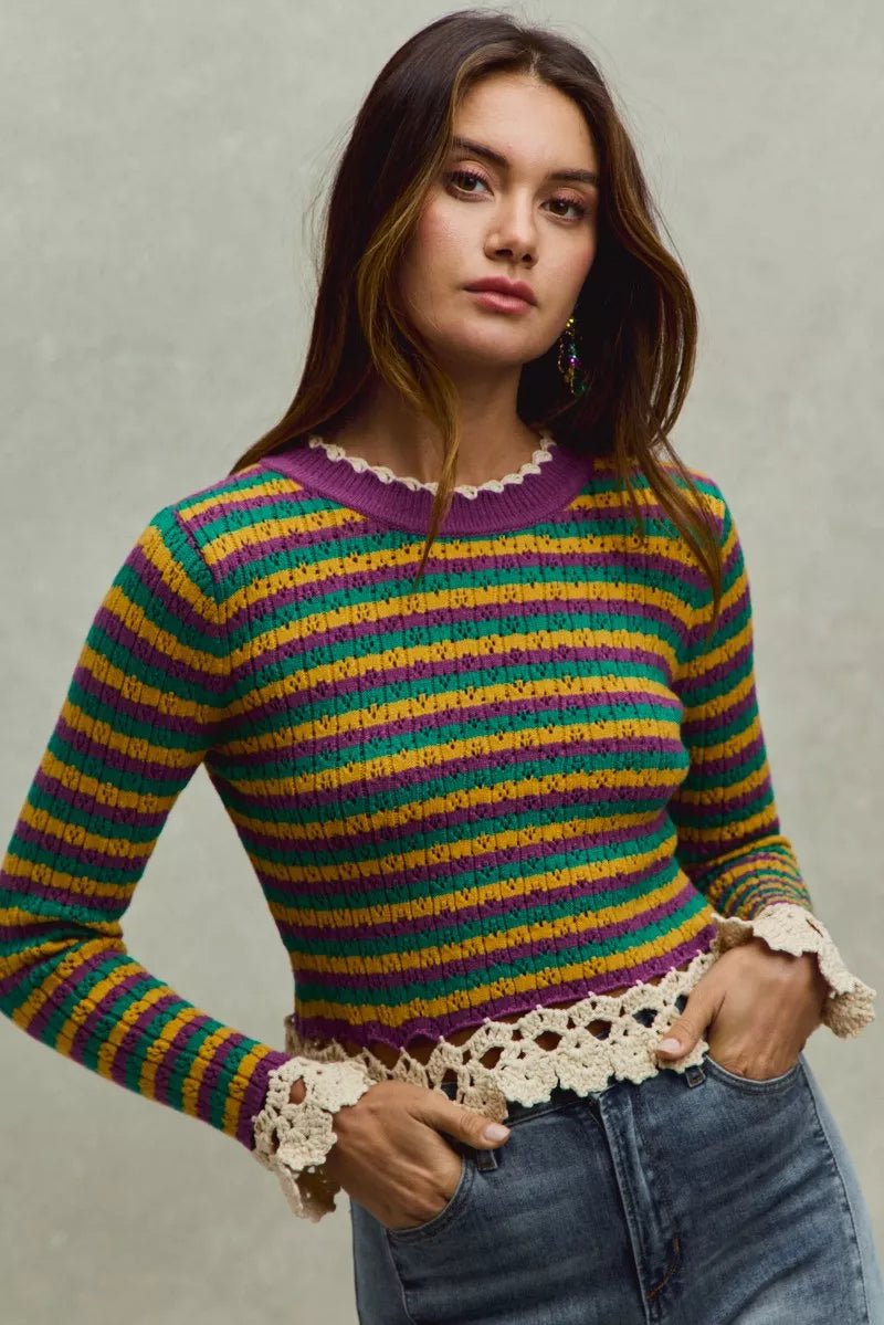 Mardi Gras Striped Cropped Knit Top with Crochet Edge - KAM Family Botanics