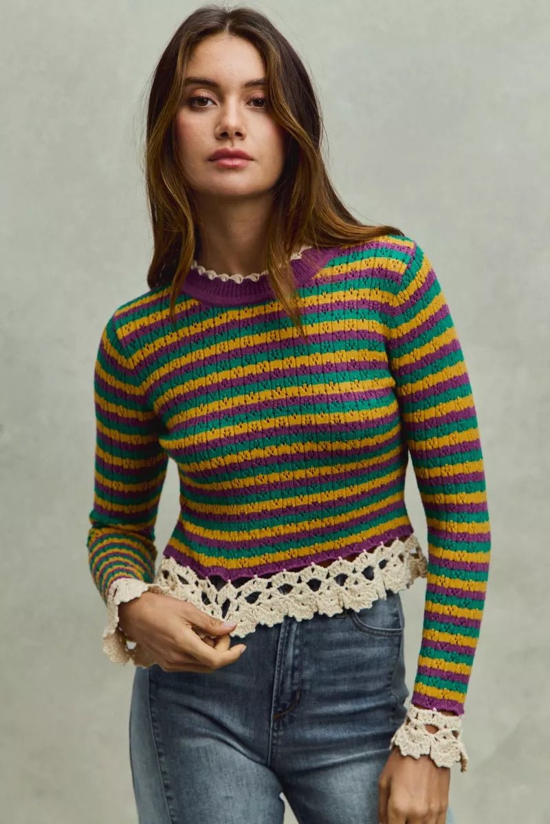 Mardi Gras Striped Cropped Knit Top with Crochet Edge - KAM Family Botanics