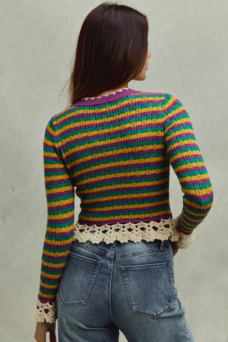 Mardi Gras Striped Cropped Knit Top with Crochet Edge - KAM Family Botanics
