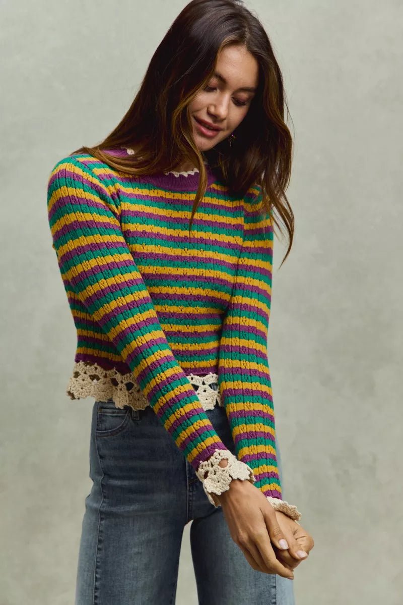 Mardi Gras Striped Cropped Knit Top with Crochet Edge - KAM Family Botanics