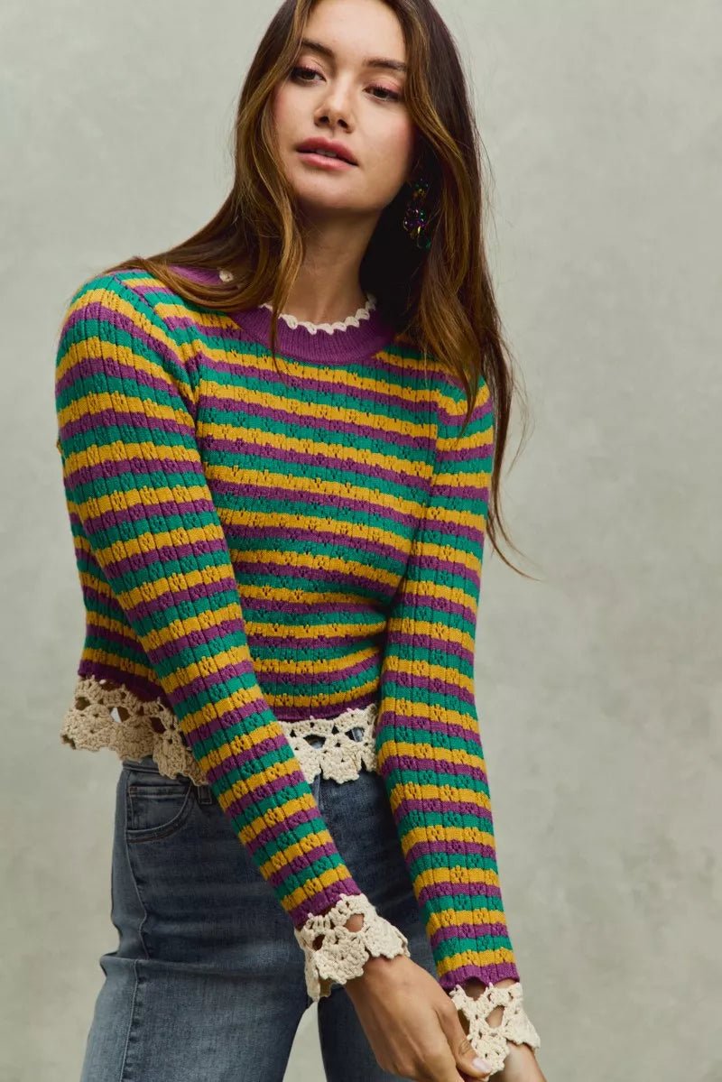 Mardi Gras Striped Cropped Knit Top with Crochet Edge - KAM Family Botanics