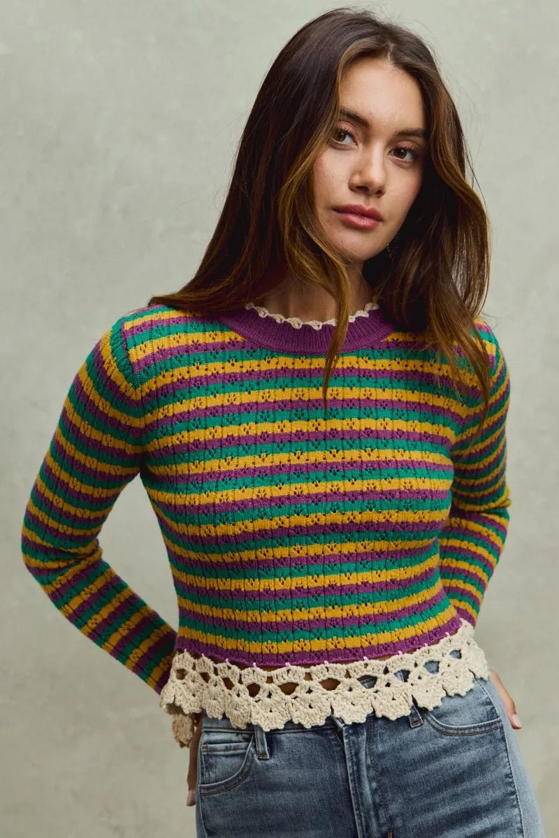 Mardi Gras Striped Cropped Knit Top with Crochet Edge - KAM Family Botanics