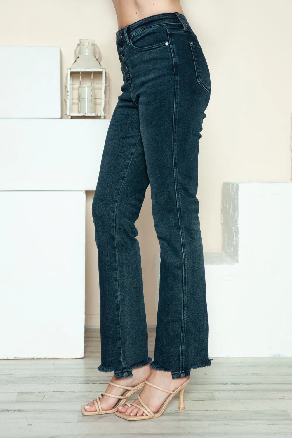 Mid Wash Stylish Button Fly Hem Destroy Straight Jeans - KAM Family Botanics