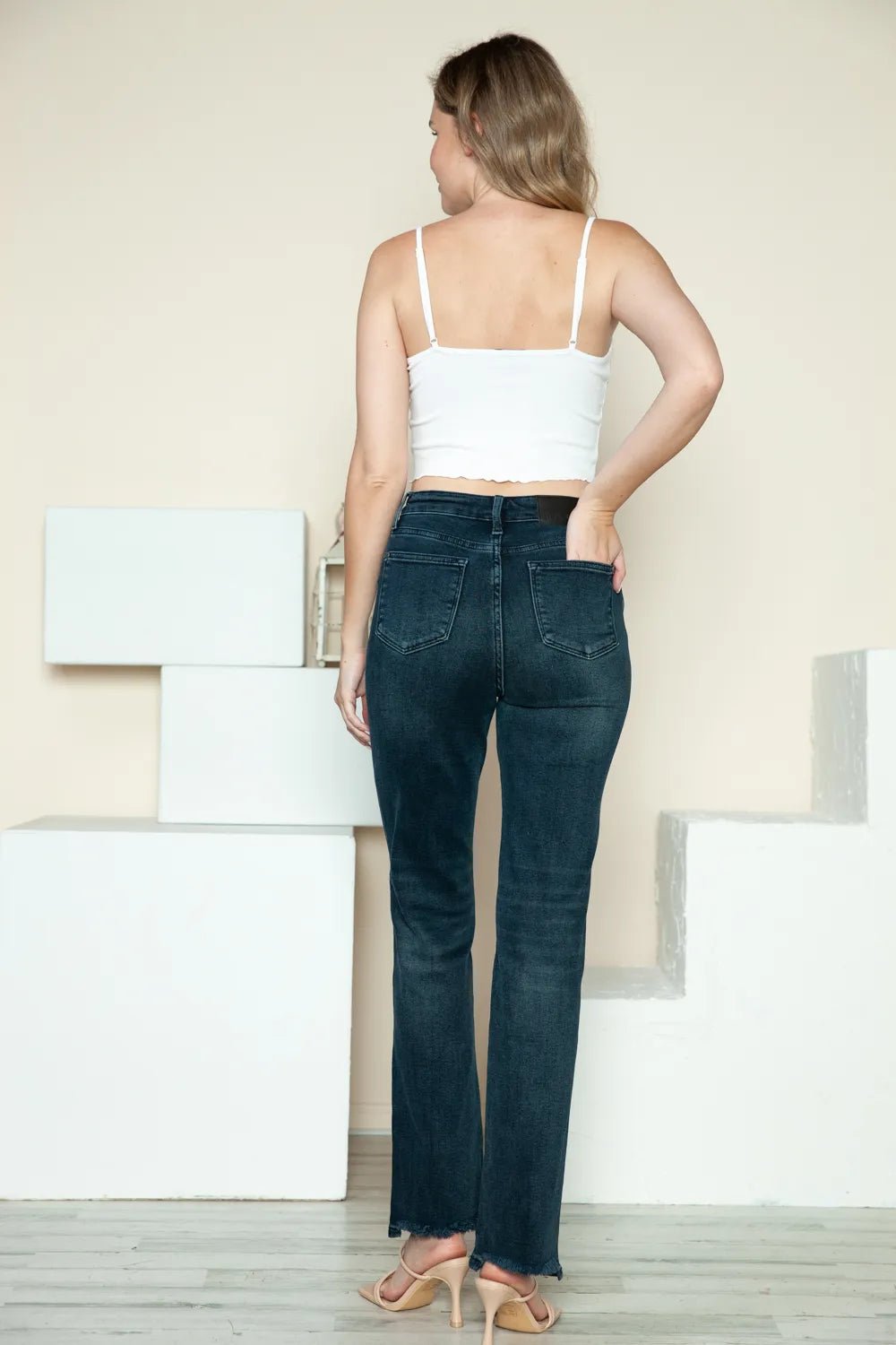 Mid Wash Stylish Button Fly Hem Destroy Straight Jeans - KAM Family Botanics