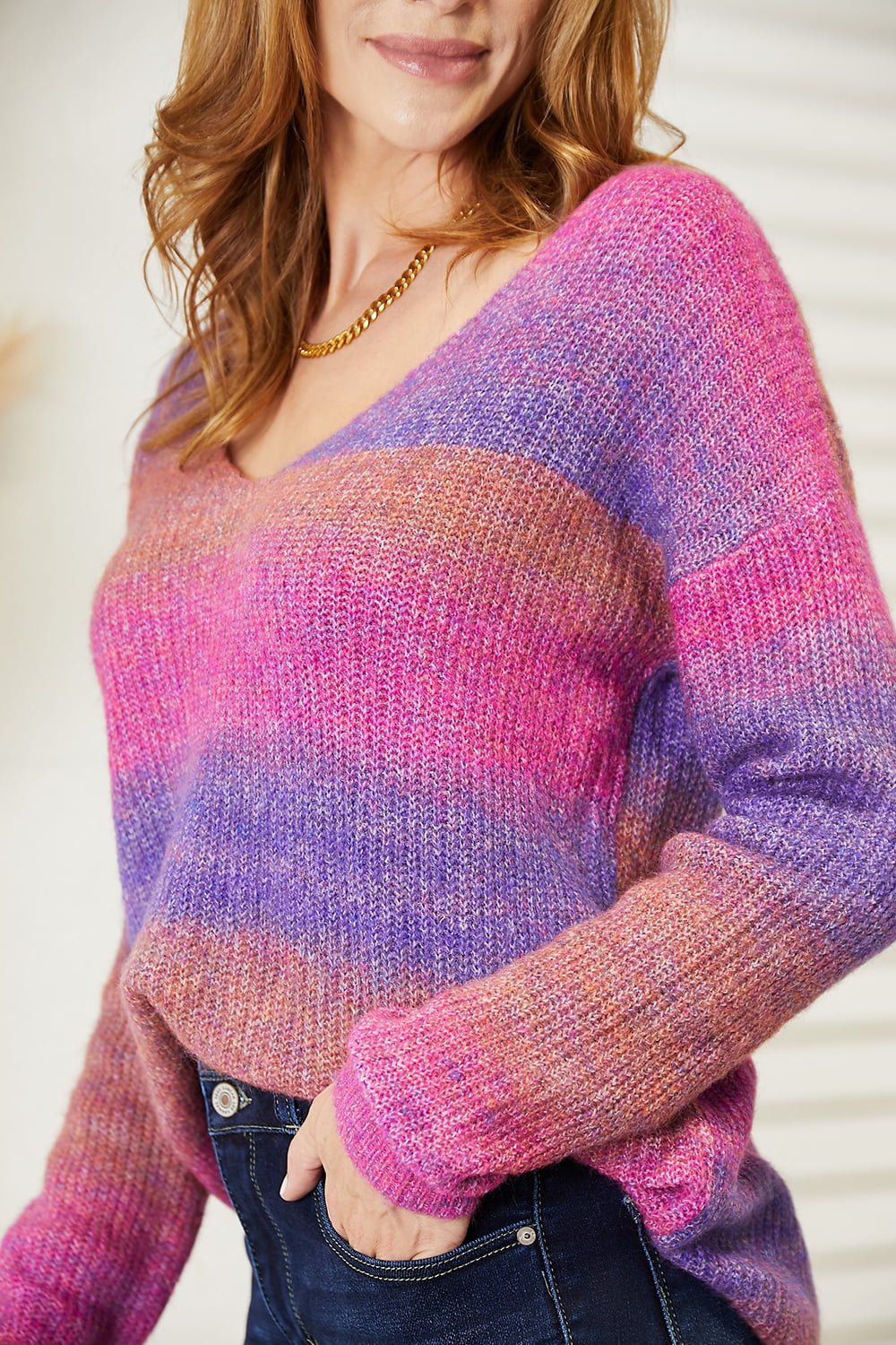 Multicolored Rib - Knit V - Neck Knit Pullover - KAM Family Botanics