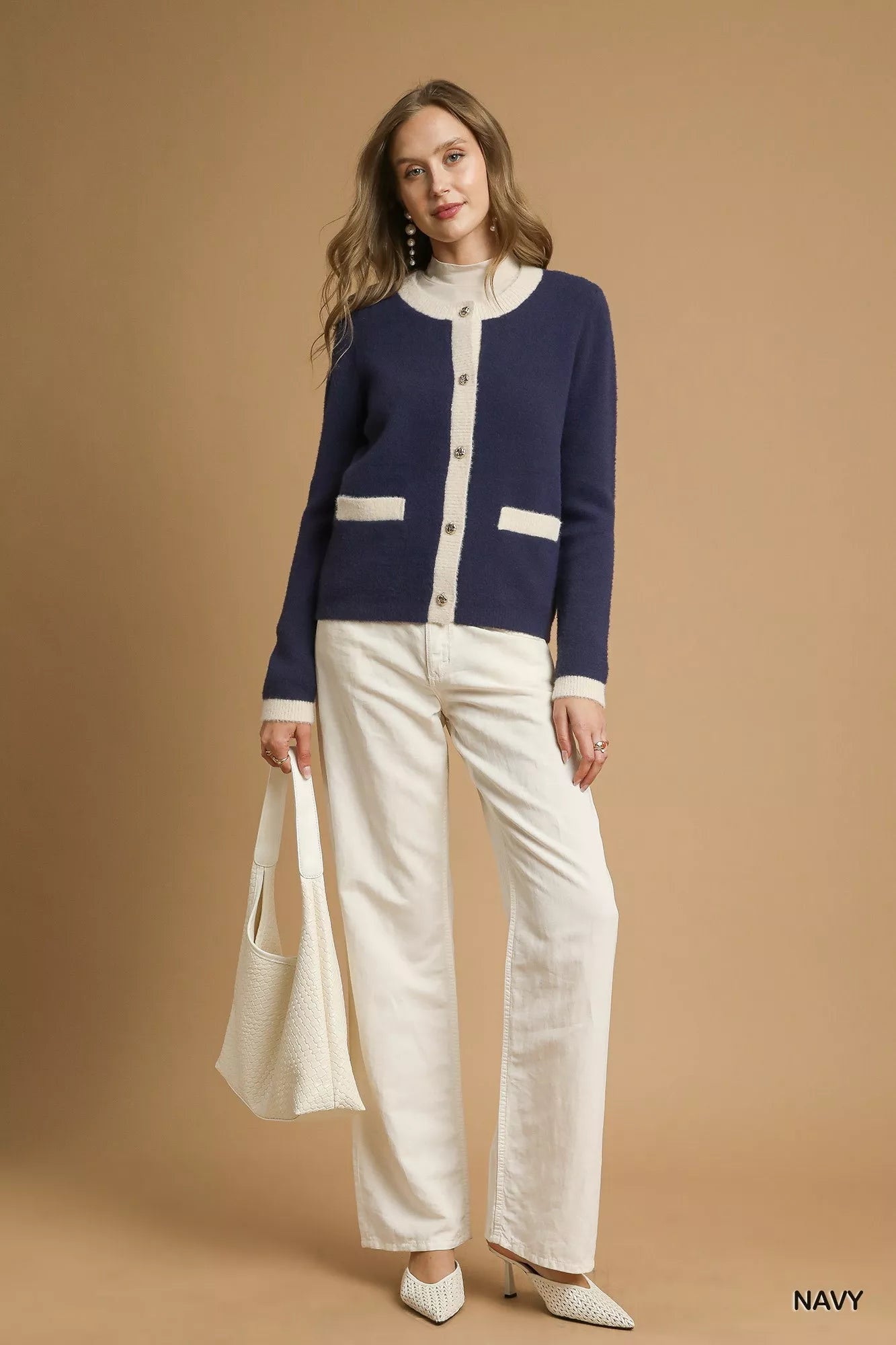 Navy Two - Tone Button Front Cardigan - KAM Family Botanics