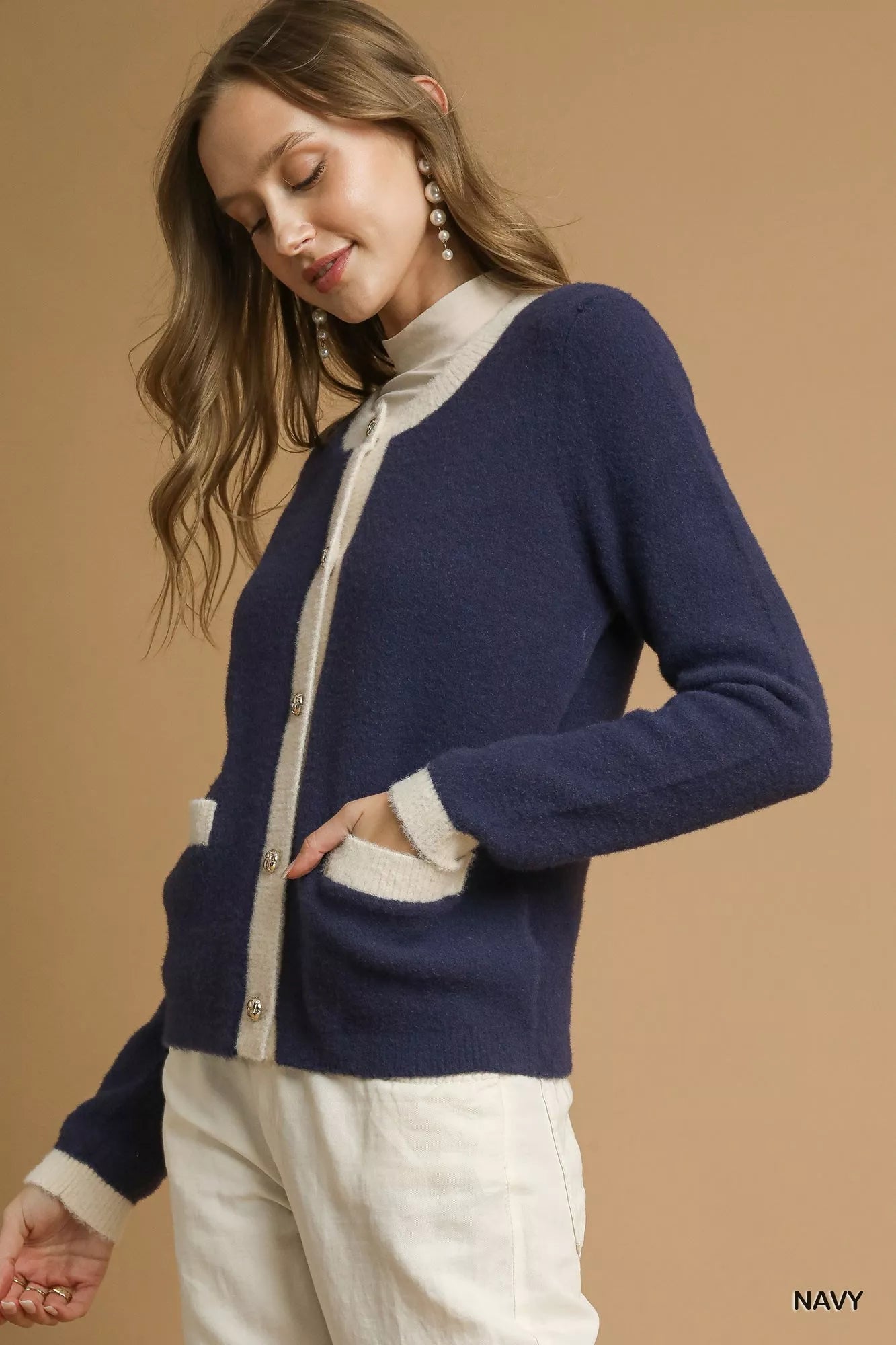 Navy Two - Tone Button Front Cardigan - KAM Family Botanics