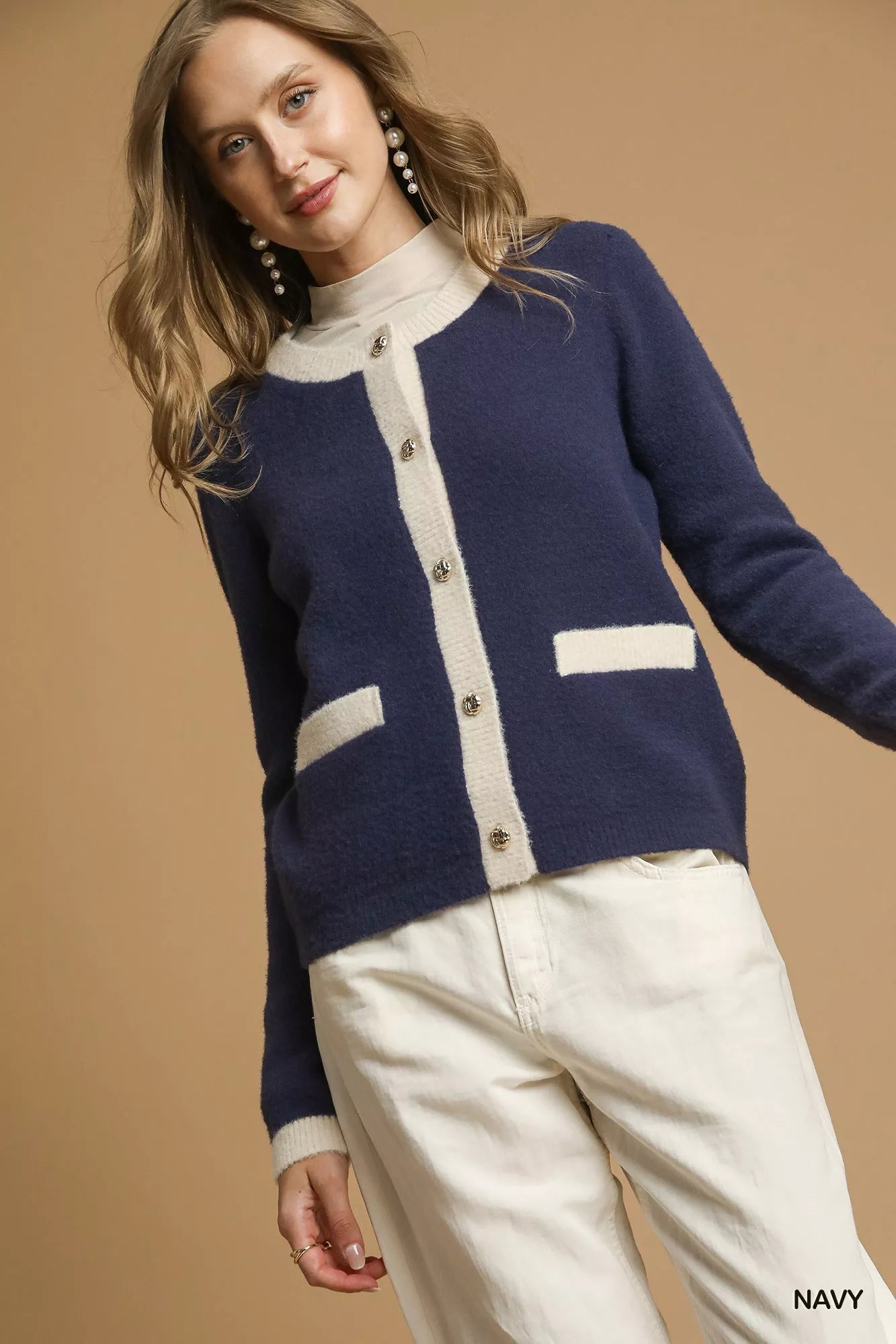 Navy Two - Tone Button Front Cardigan - KAM Family Botanics