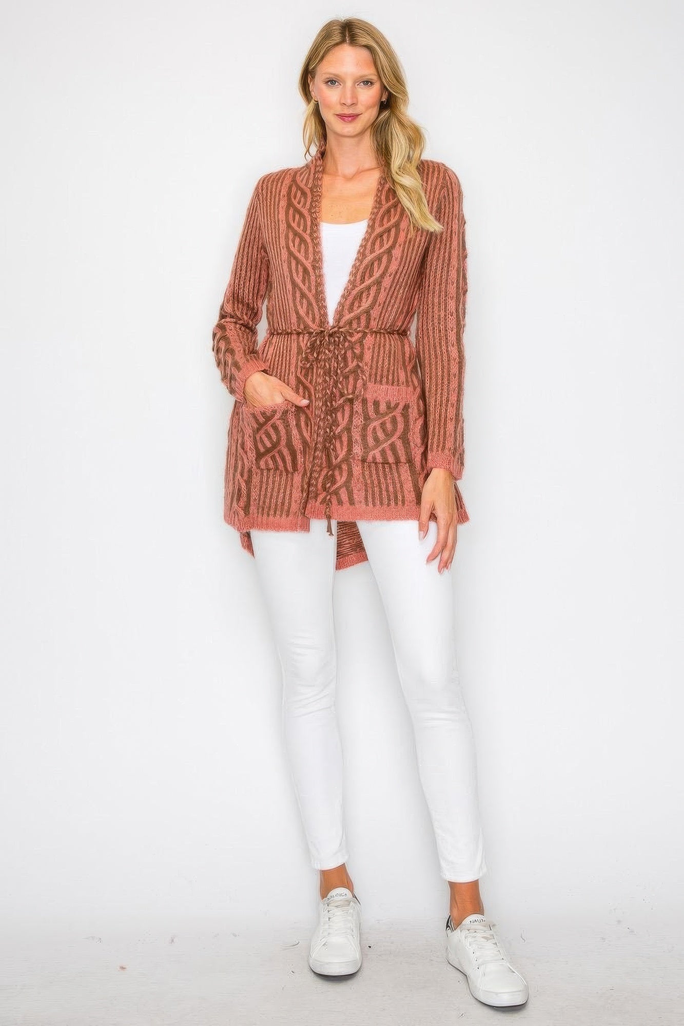 Open Wool Cardigan With Belt String & Front Pocket - KAM Family Botanics