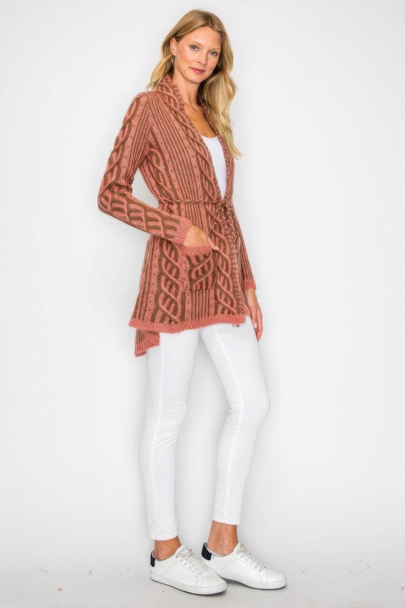 Open Wool Cardigan With Belt String & Front Pocket - KAM Family Botanics