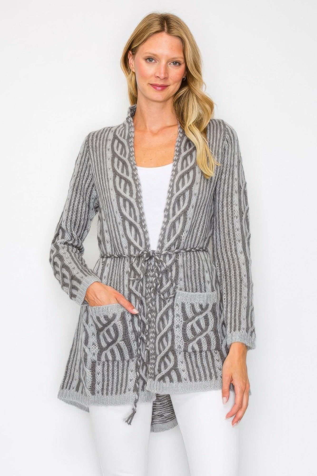 Open Wool Cardigan With Belt String & Front Pocket - KAM Family Botanics