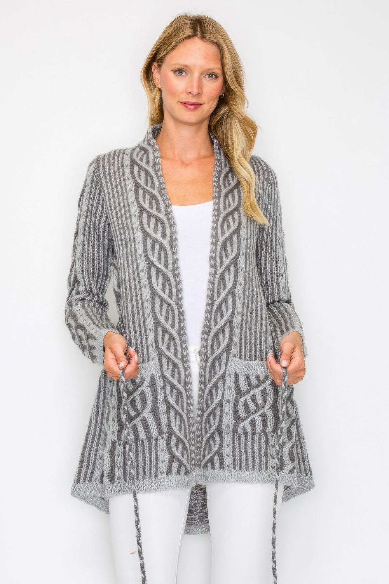 Open Wool Cardigan With Belt String & Front Pocket - KAM Family Botanics