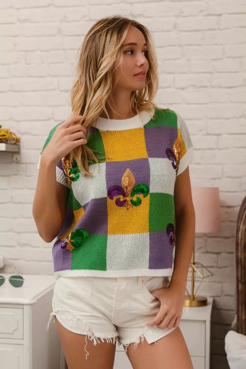 Sequin Embroidery Mardi Gras Checker Sweater Top - KAM Family Botanics
