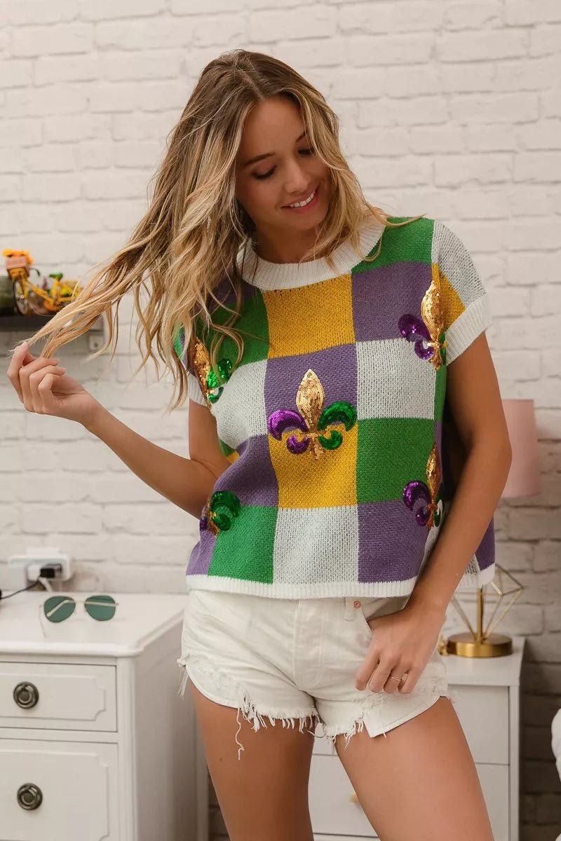 Sequin Embroidery Mardi Gras Checker Sweater Top - KAM Family Botanics