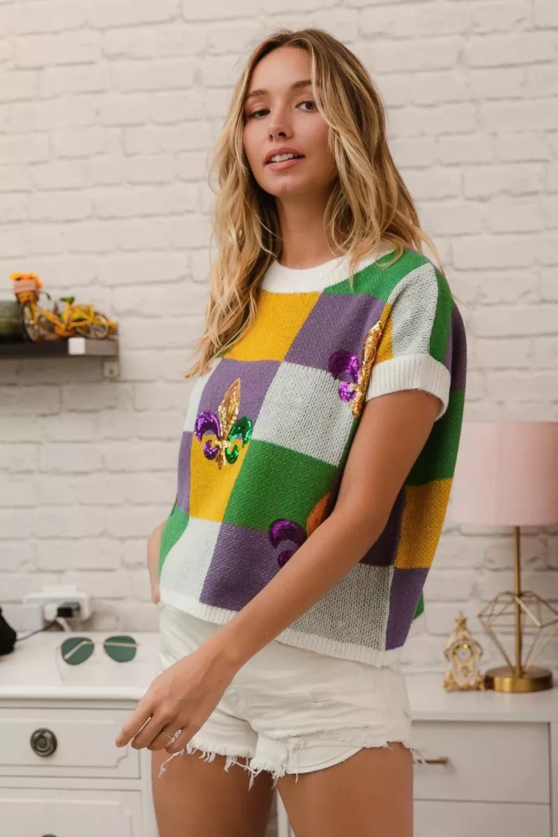 Sequin Embroidery Mardi Gras Checker Sweater Top - KAM Family Botanics