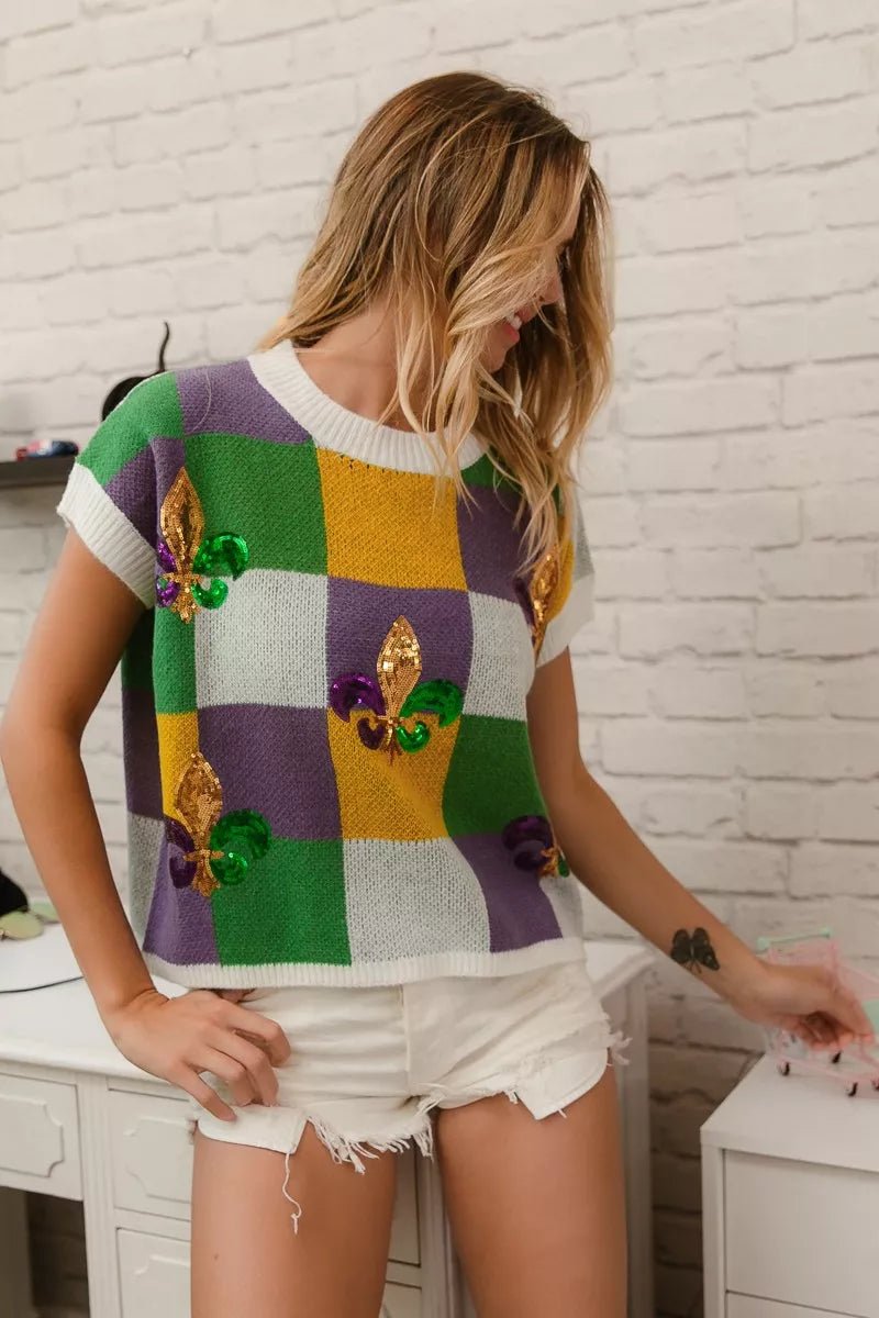 Sequin Embroidery Mardi Gras Checker Sweater Top - KAM Family Botanics
