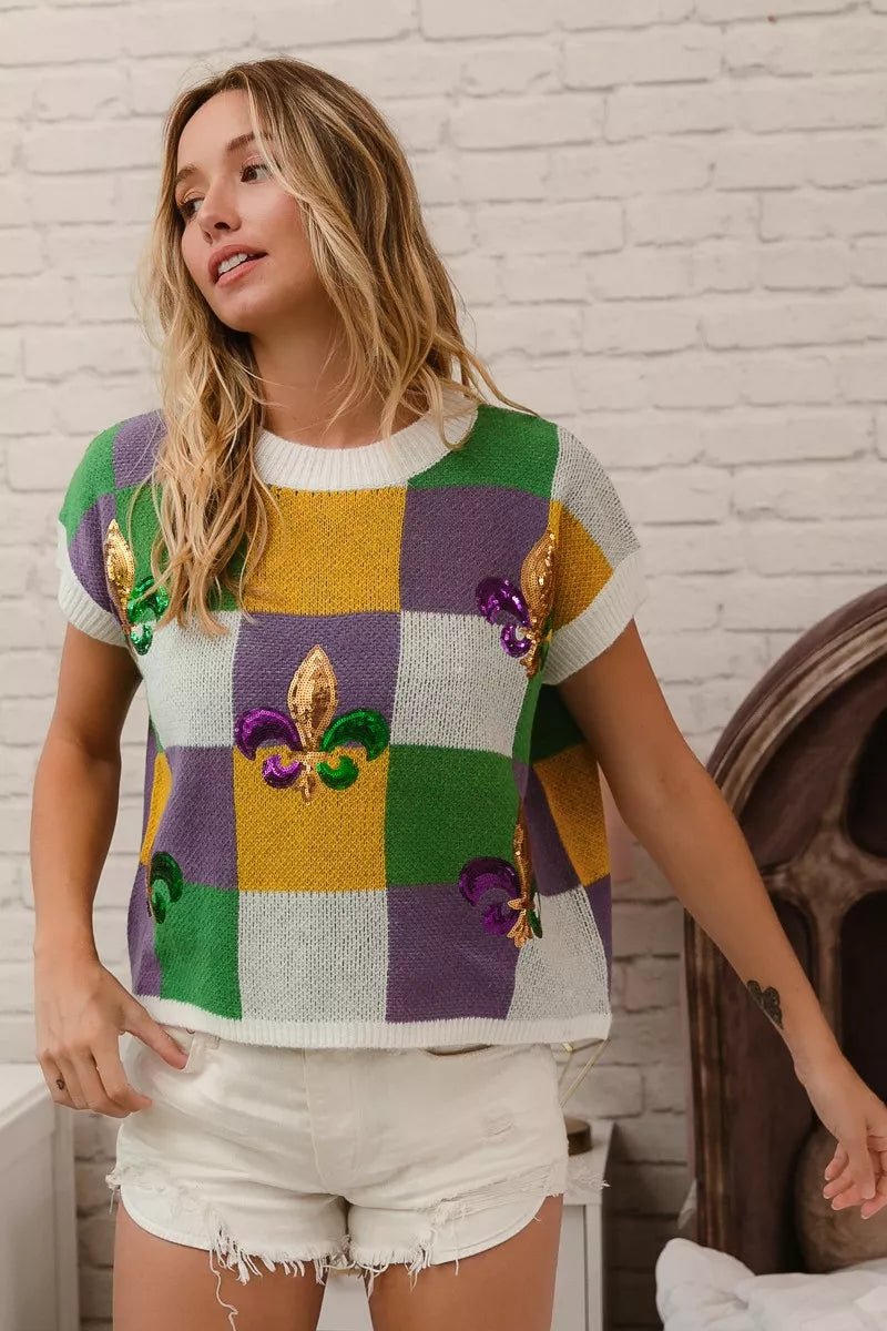 Sequin Embroidery Mardi Gras Checker Sweater Top - KAM Family Botanics