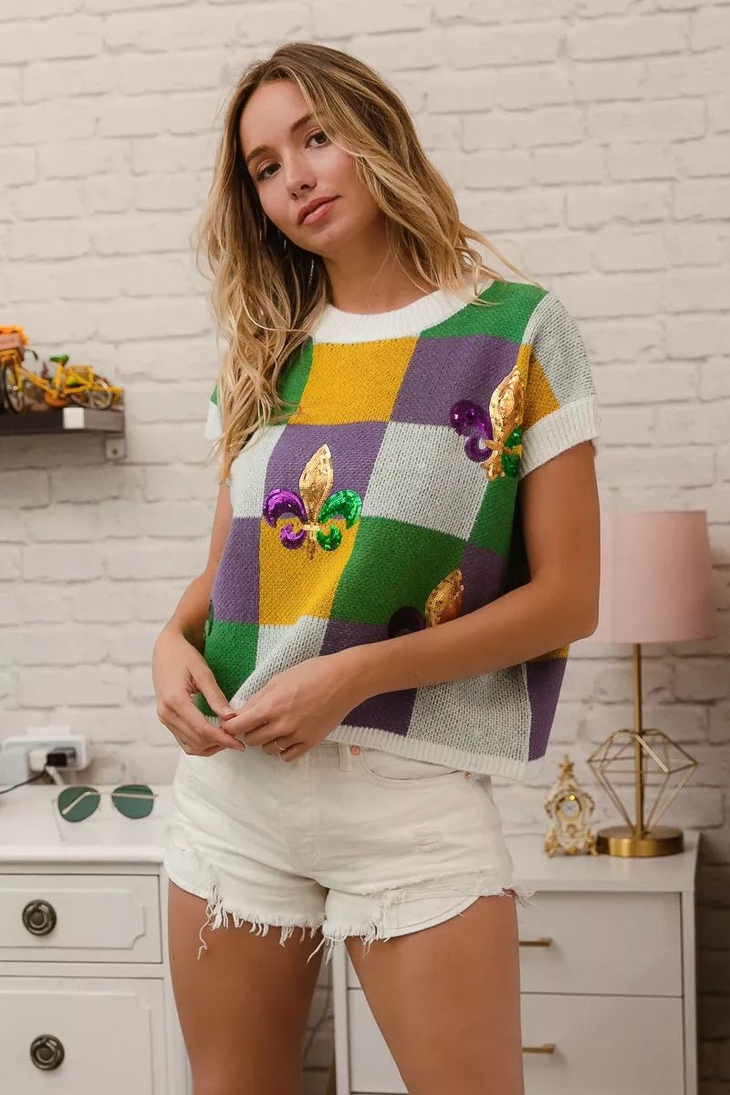 Sequin Embroidery Mardi Gras Checker Sweater Top - KAM Family Botanics