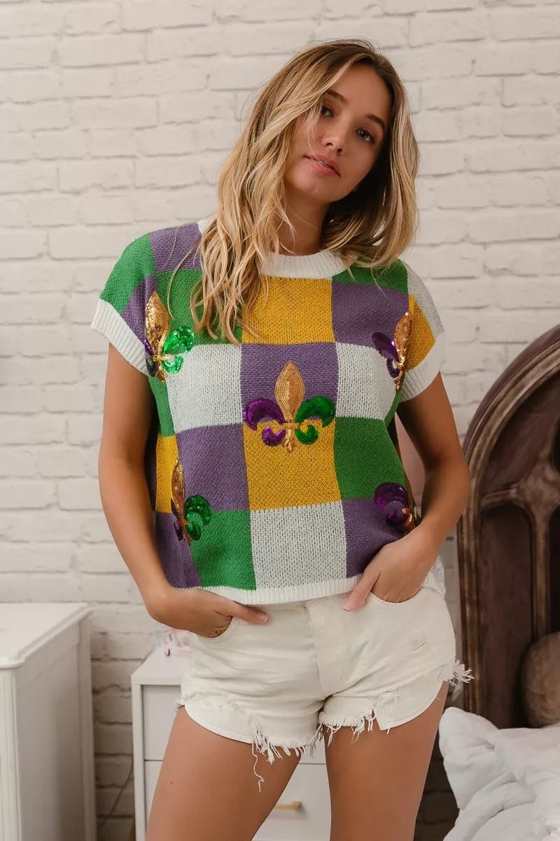 Sequin Embroidery Mardi Gras Checker Sweater Top - KAM Family Botanics