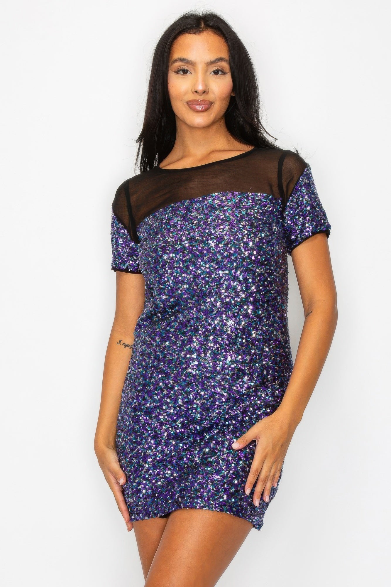 Sparkle Sequins & Mesh Cap Sleeve Mini Dress - KAM Family Botanics